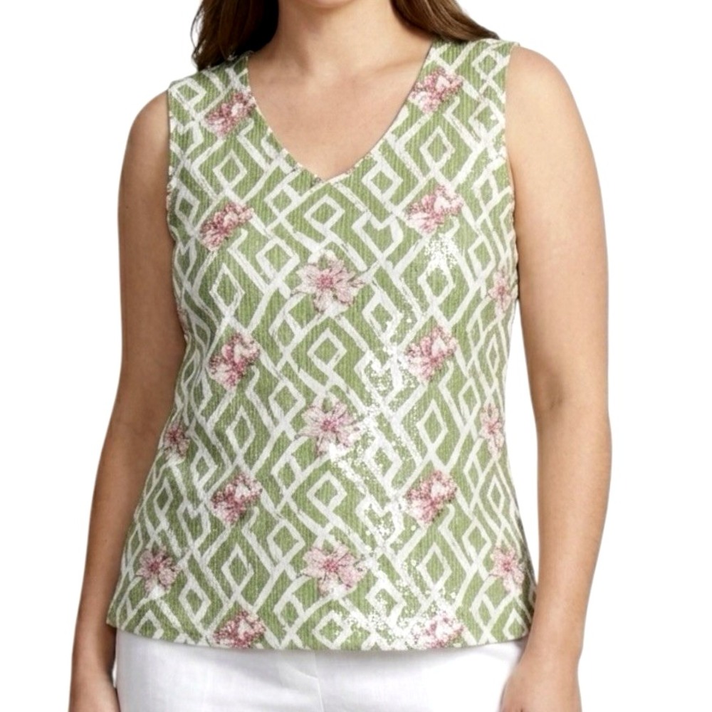CHARTER CLUB Floral Sequin Tank Top Plus Sz 0X Green Pink White Tropical Resort